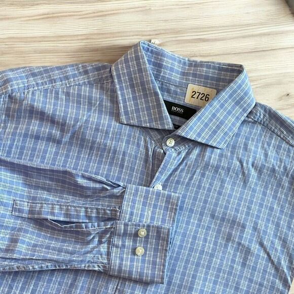 HUGO BOSS Men's Slim Fit Blue Checked Button Front Shirt Size 16‎ 32/33" - Picture 1 of 9